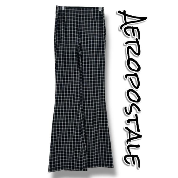 Aeropostale Plaid Flare Pants Elastic Waist Black White Academia Womens Sz XS - Picture 1 of 11